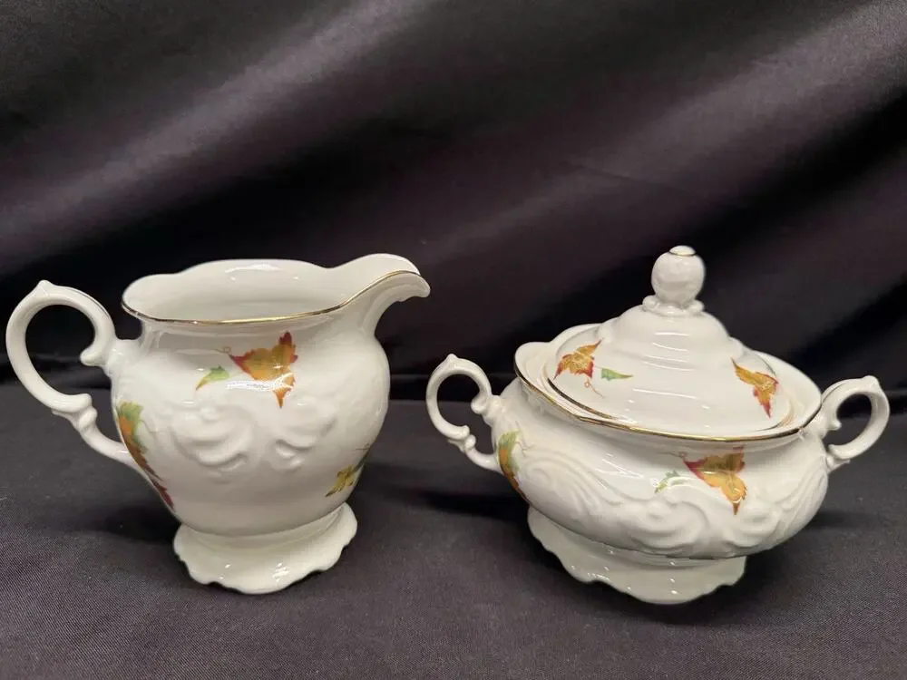 Vintage Walbrzych Sugar & Creamer Dish Set Autumn Leaves Gold Gilding Porcelain